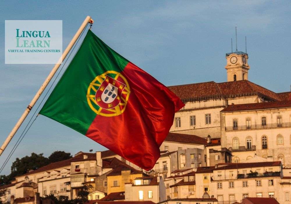 Portugal flag with background of city building