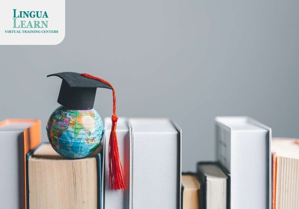 globe with graduation hat on lined books