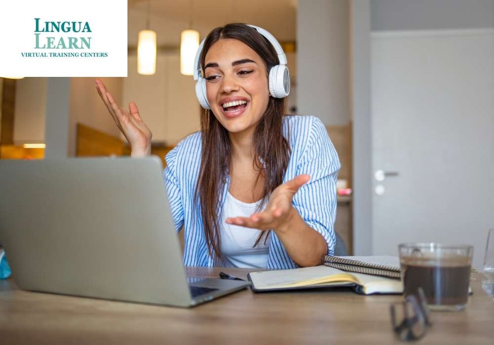 a woman with headset in online conference using laptop