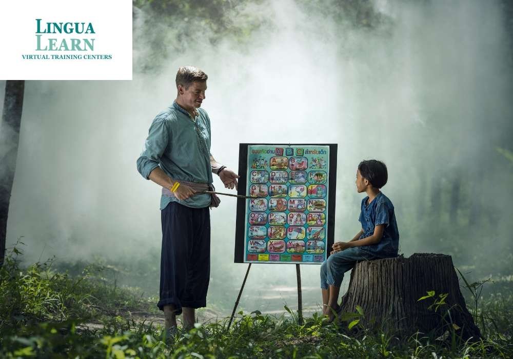 a man explain alphabet to a kid using blackboard
