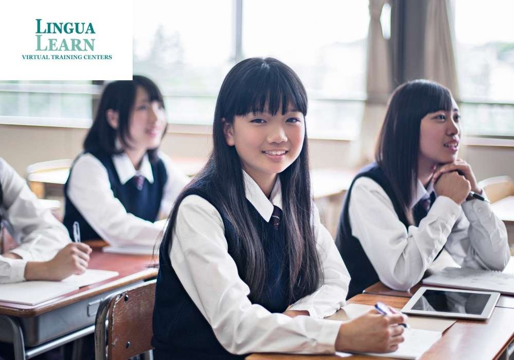 Smiling student in a classroom with peers, engaged in learning