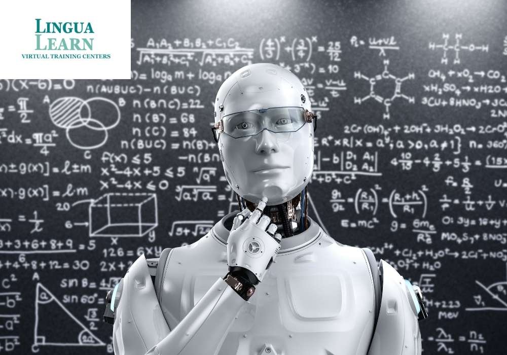 A humanoid robot pondering in front of a blackboard filled with mathematical equations